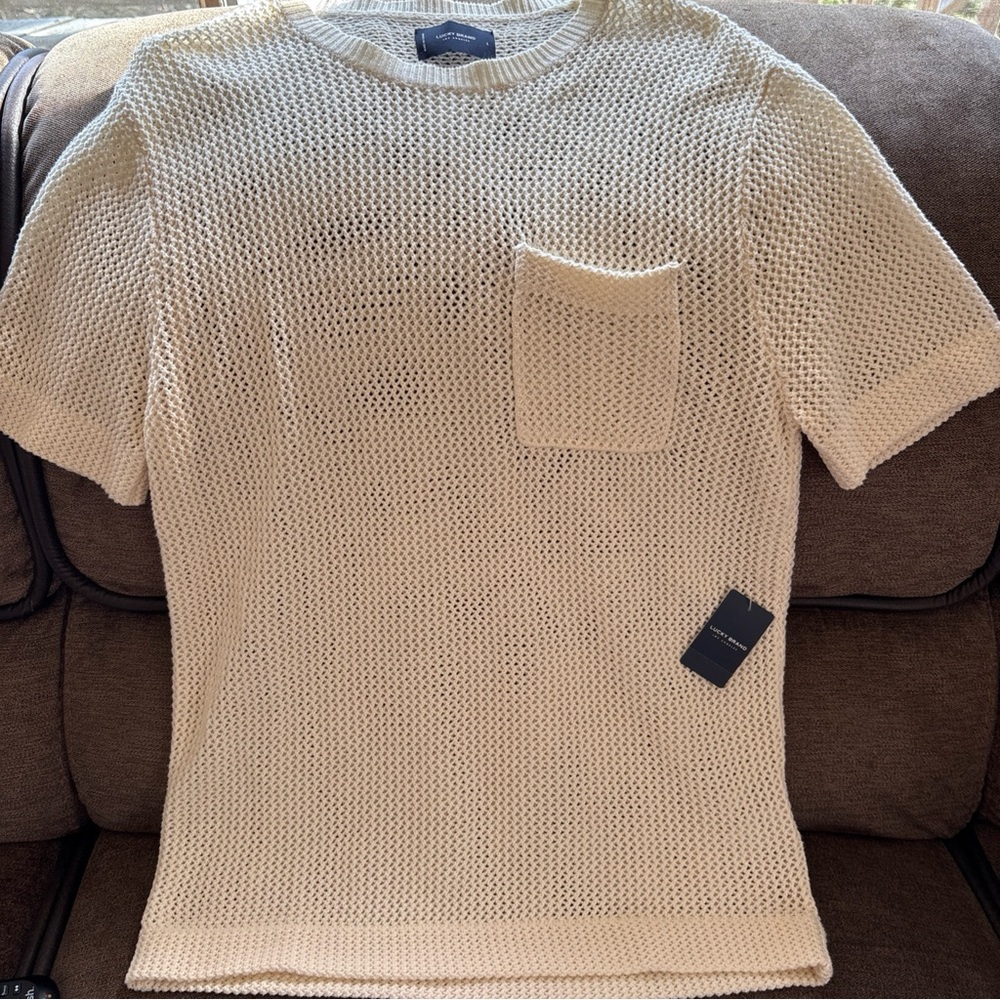 Lucky Brand Men’s Crochet Shirt Sz L Short Sleeves Open Knit Cotton NEW